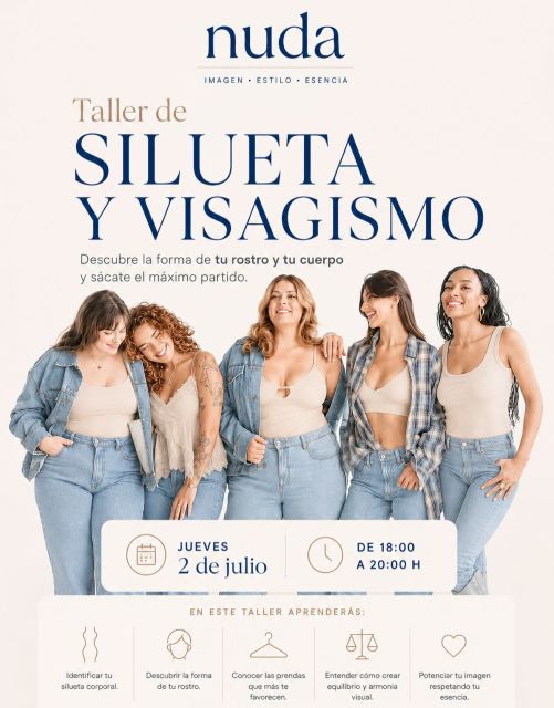 ✨ ¡Próximo Taller de Silueta y Visagismo! ✨

¿Te gustaría descubrir qué prendas te favorecen realmente y entender por qué?

En este taller aprenderás a identificar la forma de tu cuerpo y de tu rostro para crear una imagen más armónica, auténtica y coherente contigo.

💙 Descubrirás:
• Tu tipo de silueta corporal.
• La forma de tu rostro.
• Qué cortes, escotes y proporciones te favorecen más.
• Cómo potenciar tus puntos fuertes.
• Las claves para vestir con más seguridad y confianza.

📅 Jueves, 2 de julio
🕕 De 18:00 a 20:00 h
📍 Plazas limitadas

Una tarde para conocerte mejor, reconciliarte con tu imagen y aprender a vestirte desde tu esencia, no desde las normas.

📲 Reserva tu plaza: 666 180 996